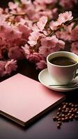 Notizbuch, Blumen und Kaffee Über das Rosa Tabelle Vertikale Handy, Mobiltelefon Hintergrund ai generiert foto