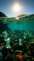 öffnen Meer verdorben durch Plastik Flaschen und Mikroplastik, symbolisieren Marine Plastik Verschmutzung Vertikale Handy, Mobiltelefon Hintergrund ai generiert foto