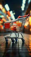 Supermarkt Spree Einkaufen Wagen gegen verschwommen Geschäft Bokeh Hintergrund erfasst Verkauf Ambiente Vertikale Handy, Mobiltelefon Hintergrund ai generiert foto
