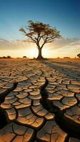 Baum auf geknackt Boden bedeutet Klima Veränderung Auswirkung, Trockenheit, und Umwelt Krise Vertikale Handy, Mobiltelefon Hintergrund ai generiert foto
