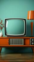 beschwingt Kontrast, retro Orange Fernseher auf Holz Tabelle gegen Minze Blau Hintergrund Vertikale Handy, Mobiltelefon Hintergrund ai generiert foto