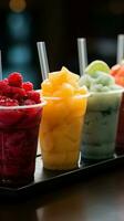 gefroren Obst Slushies im Tassen gefüttert oben zum ein eisig Erfrischung Parade ai generiert foto