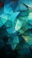 geometrisch Intrigen abstrakt Dreiecke verschmelzen tief Blau, Grün, Weiss, und beschwingt cyan Vertikale Handy, Mobiltelefon Hintergrund ai generiert foto
