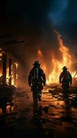 heroisch Feuerwehrleute Kampf Öl Feuer mit drehen Nebel, zügeln Flammen, priorisieren industriell Sicherheit Vertikale Handy, Mobiltelefon Hintergrund ai generiert foto