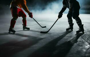 konkurrieren Eishockey Spieler Stand Seite durch Seite, umklammern ihr Stöcke ai generiert foto