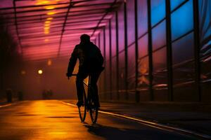 Silhouette von ein Person auf ein Pendler Fahrrad, navigieren Abend ai generiert foto