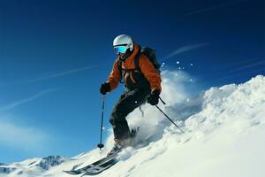 Skifahren Enthusiast genießt das Nervenkitzel von schneebedeckt Pisten unter ein Blau Himmel ai generiert foto