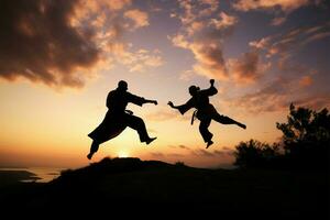 Sonnenuntergang Karate Session ein Duo Praktiken Methoden Ausübungen kriegerisch Kunst unter Abend Himmel ai generiert foto