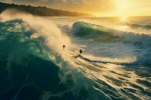 Surfen Enthusiast erobert das mächtig Ozean Wellen im ein fesselnd Bild ai generiert foto