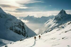 zwei Abenteurer Wanderung über ein Schnee bedeckt Berg im atemberaubend Einsamkeit ai generiert foto