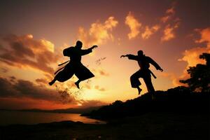 zwei kriegerisch Künstler anmutig ausführen Karate bewegt sich unter ein strahlend Sonnenuntergang ai generiert foto