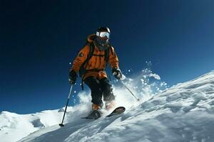 abenteuerlich Mann gleitet anmutig auf Schnee bedeckt Terrain während Skifahren ai generiert foto