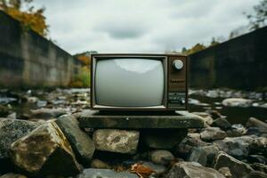 klassisch Fernseher platziert auf ein Stein Oberfläche, hervorrufen ein vorbei Epoche ai generiert foto