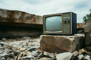 klassisch Fernseher platziert auf ein Stein Oberfläche, hervorrufen ein vorbei Epoche ai generiert foto