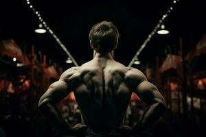 muskulös mans zurück Aussicht Highlights seine Gut definiert Körperbau und Stärke ai generiert foto