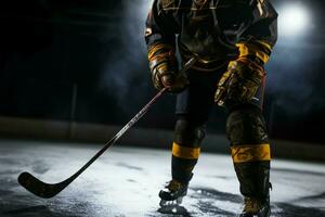 Spieler im voll Ausrüstung hält ein Eishockey Stock, bereit zu konkurrieren ai generiert foto