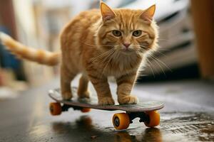 spielerisch Orange Tabby Katze Guthaben auf ein Mini Penny Tafel ai generiert foto