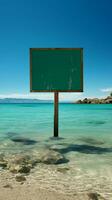 aqua Plakatwand Aussicht unbesetzt Zeichen auf Strand, Blick Über still Wasser Vertikale Handy, Mobiltelefon Hintergrund ai generiert foto