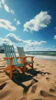 Küsten Komfort Strand Stühle auf sandig Ufer unter sonnig Blau Himmel und Wolken Vertikale Handy, Mobiltelefon Hintergrund ai generiert foto
