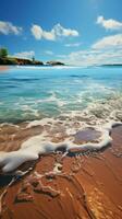 Küsten Gelassenheit Komposition erfasst klar Welle auf Strand, still Meer Wasser Vertikale Handy, Mobiltelefon Hintergrund ai generiert foto