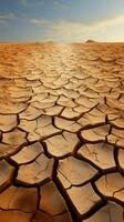 Wüsten Notlage geknackt, ausgedörrt Boden spiegelt Klima Änderungen hart Einschlag auf Land Vertikale Handy, Mobiltelefon Hintergrund ai generiert foto