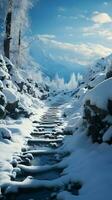 gefroren Pfad schneebedeckt Fußabdrücke sagen Geschichte von Hang steigen durch kalt Terrain Vertikale Handy, Mobiltelefon Hintergrund ai generiert foto