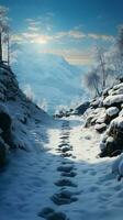 gefroren Pfad schneebedeckt Fußabdrücke sagen Geschichte von Hang steigen durch kalt Terrain Vertikale Handy, Mobiltelefon Hintergrund ai generiert foto