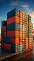 Hafen Container Anzeige gestapelt Ladung Behälter an Bord Schiff, Hafen Landschaft im Fokus Vertikale Handy, Mobiltelefon Hintergrund ai generiert foto