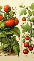 Leben Stufen von Tomate Pflanze illustriert, Blätter, Blumen, Früchte im Vektor Karikatur Stil Vertikale Handy, Mobiltelefon Hintergrund ai generiert foto