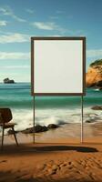 Marine Plakatwand Segeltuch leeren Rahmen einstellen auf Strand mit Ozean Panorama Vertikale Handy, Mobiltelefon Hintergrund ai generiert foto