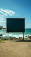 Marine Plakatwand Segeltuch leeren Rahmen einstellen auf Strand mit Ozean Panorama Vertikale Handy, Mobiltelefon Hintergrund ai generiert foto