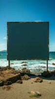 Marine Plakatwand Segeltuch leeren Rahmen einstellen auf Strand mit Ozean Panorama Vertikale Handy, Mobiltelefon Hintergrund ai generiert foto