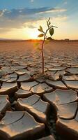Naturen Alarm geknackt, getrocknet Boden im Wüste spricht von Klima Änderungen Schwere Vertikale Handy, Mobiltelefon Hintergrund ai generiert foto