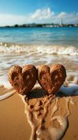 Strand Romantik Herz gezeichnet auf sandig Ufer mit Wellen im das Hintergrund Vertikale Handy, Mobiltelefon Hintergrund ai generiert foto