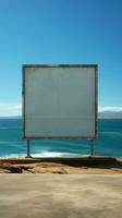 ozeanisch Ausblick vakant Plakatwand durch sandig Küste mit Meer Aussicht hinter Vertikale Handy, Mobiltelefon Hintergrund ai generiert foto