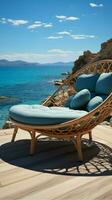 Entspannung durch das Wellen Chaise Lounges zur Verfügung stellen Strand Komfort und Ruhe Vertikale Handy, Mobiltelefon Hintergrund ai generiert foto