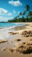 Sand mit verschwommen Palme und tropisch Strand Bokeh Hintergrund, Sommer- Ferien und Reise Konzept Kopieren Raum Vertikale Handy, Mobiltelefon Hintergrund ai generiert foto