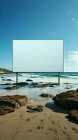 Strand Erklärung ungefüllt Plakatwand kontrastieren mit Meer Weite auf sandig Strand Vertikale Handy, Mobiltelefon Hintergrund ai generiert foto