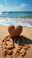 Strand Liebe Herz geätzt auf Strand Sand mit Hintergrund von rollen Wellen Vertikale Handy, Mobiltelefon Hintergrund ai generiert foto