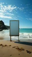 Strand Gelassenheit leeren Plakatwand steht gegen still Ozean Hintergrund auf sandig Ufer Vertikale Handy, Mobiltelefon Hintergrund ai generiert foto