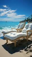 Strand Entspannung Chaise Lounges einladen Strandgänger zu entspannen durch das still Wellen Vertikale Handy, Mobiltelefon Hintergrund ai generiert foto