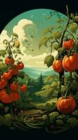 Tomaten Leben Zyklus dargestellt, Blätter, Blumen, Früchte im eben Vektor Karikatur Stil Vertikale Handy, Mobiltelefon Hintergrund ai generiert foto