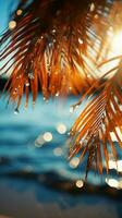 Strand locken verschwommen Palme, Bokeh Hintergrund verbessern sandig Szene, verkörpern Sommer- Flucht Vertikale Handy, Mobiltelefon Hintergrund ai generiert foto