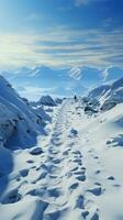Weg von Aufstieg Mensch Fußabdrücke Kennzeichen schneebedeckt Hang steigen mit entschlossen Schritte Vertikale Handy, Mobiltelefon Hintergrund ai generiert foto