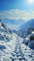 Weg von Aufstieg Mensch Fußabdrücke Kennzeichen schneebedeckt Hang steigen mit entschlossen Schritte Vertikale Handy, Mobiltelefon Hintergrund ai generiert foto