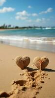 Strand Liebe Anmerkungen handgeschrieben Herzen auf Sand Hintergrund, tropisch Wärme und Zuneigung Vertikale Handy, Mobiltelefon Hintergrund ai generiert foto