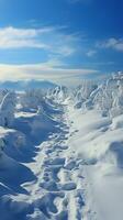 bergauf im Schnee Mensch Fußabdrücke dokumentieren entschlossen steigen durch winterlich Hügel Vertikale Handy, Mobiltelefon Hintergrund ai generiert foto