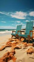 Ferien Ambiente sandig Strand Eigenschaften Strand Stühle, Blau Himmel, und warm Sonnenlicht Vertikale Handy, Mobiltelefon Hintergrund ai generiert foto