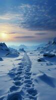 winterlich Wanderung Fußabdrücke aufsteigen Hügel wie Menschen wagen durch Schnee bedeckt Landschaft Vertikale Handy, Mobiltelefon Hintergrund ai generiert foto