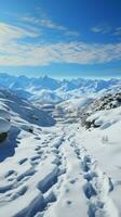 Hang Reise Schnee bedeckt Fußabdrücke Spur Mensch steigen inmitten heiter schneebedeckt Terrain Vertikale Handy, Mobiltelefon Hintergrund ai generiert foto